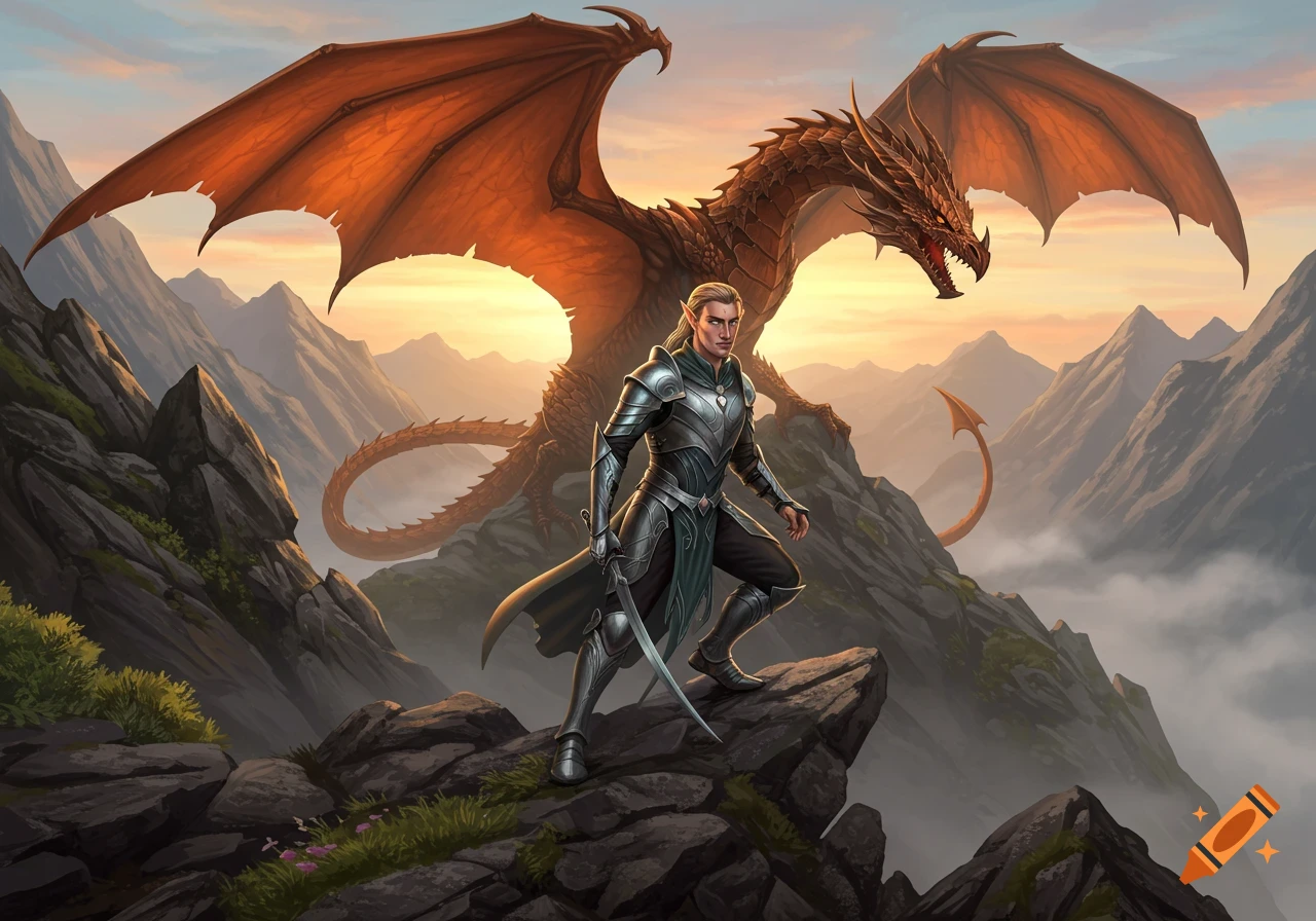 A half-elven male warrior in light armor stands on a mountain with a large copper dragon behind him at sunset, digital painting.
