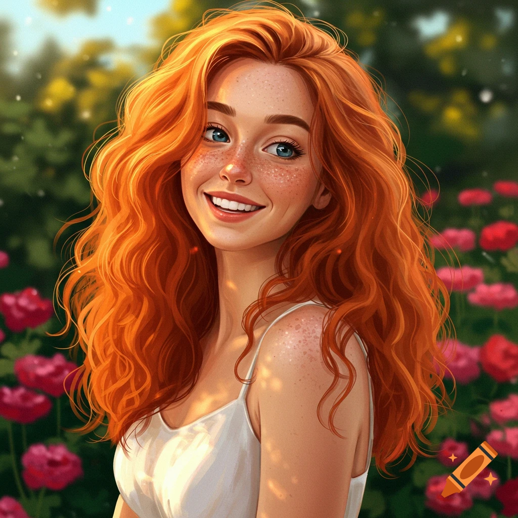 A smiling young woman with long, wavy red hair, blue eyes, and freckles, wearing a white tank top in a sunny digital art garden.