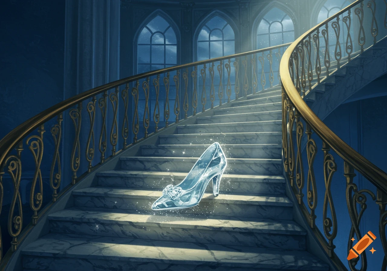 A sparkling glass slipper rests on a grand, curving marble staircase with golden railings, lit by moonlight through arched windows in a castle.