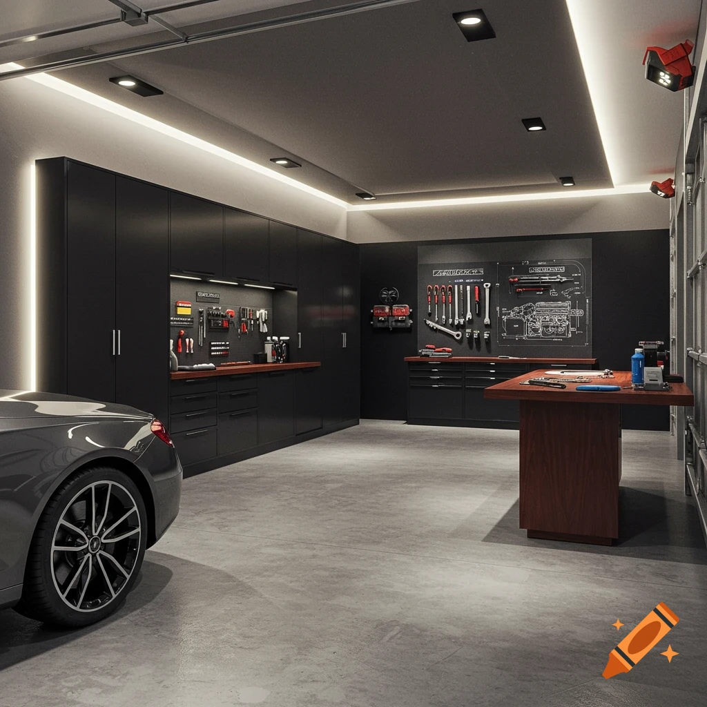 Photorealistic interior of a modern, dark-themed private garage with a car, custom cabinets, a workbench, and organized tools.