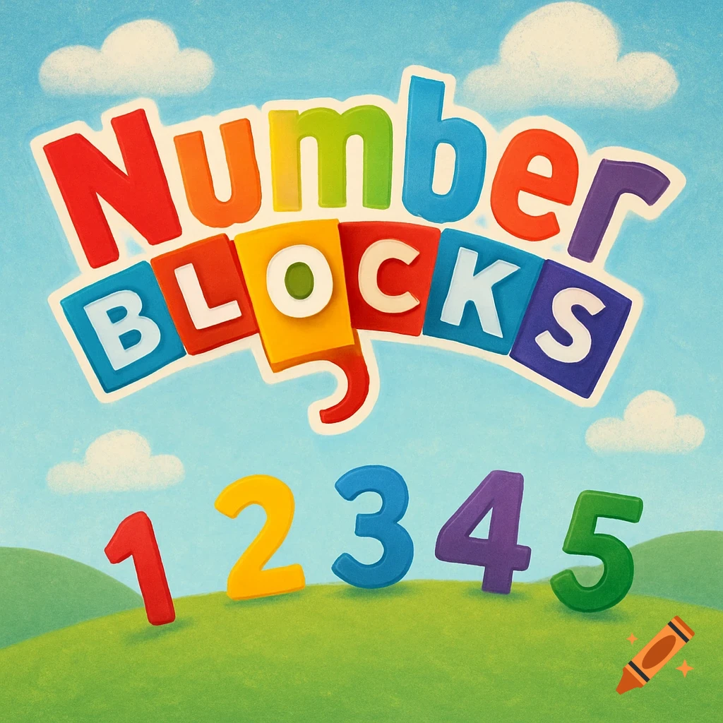 Colorful 'Numberblocks' text above numbers 1-5 on a grassy hill under a blue sky.