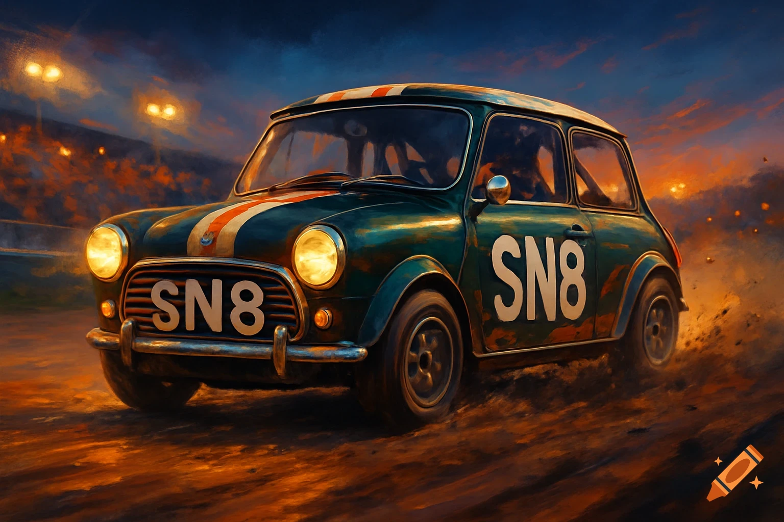 Dark green classic Mini Cooper racing car with 'SN8' on it, kicking up dirt on a track, in a dynamic painterly style.