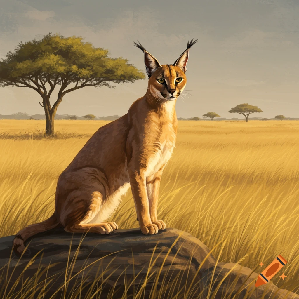 A digital painting of a caracal sitting on a rock in a golden savanna with acacia trees.