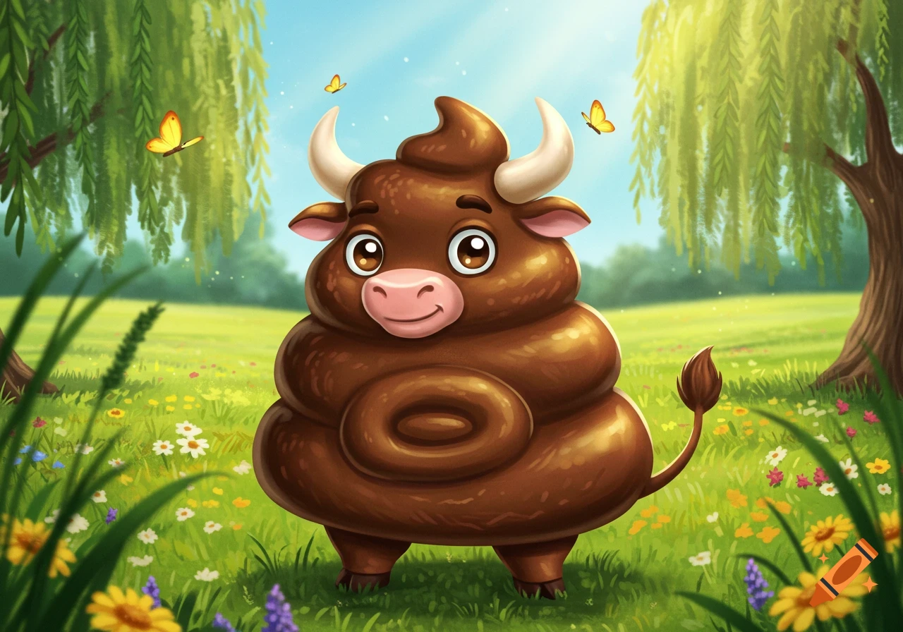 A cute, cartoon bull character made of coiled brown material, like a pile of poop, with horns and big eyes, stands in a vibrant green meadow with wildflowers and butterflies.