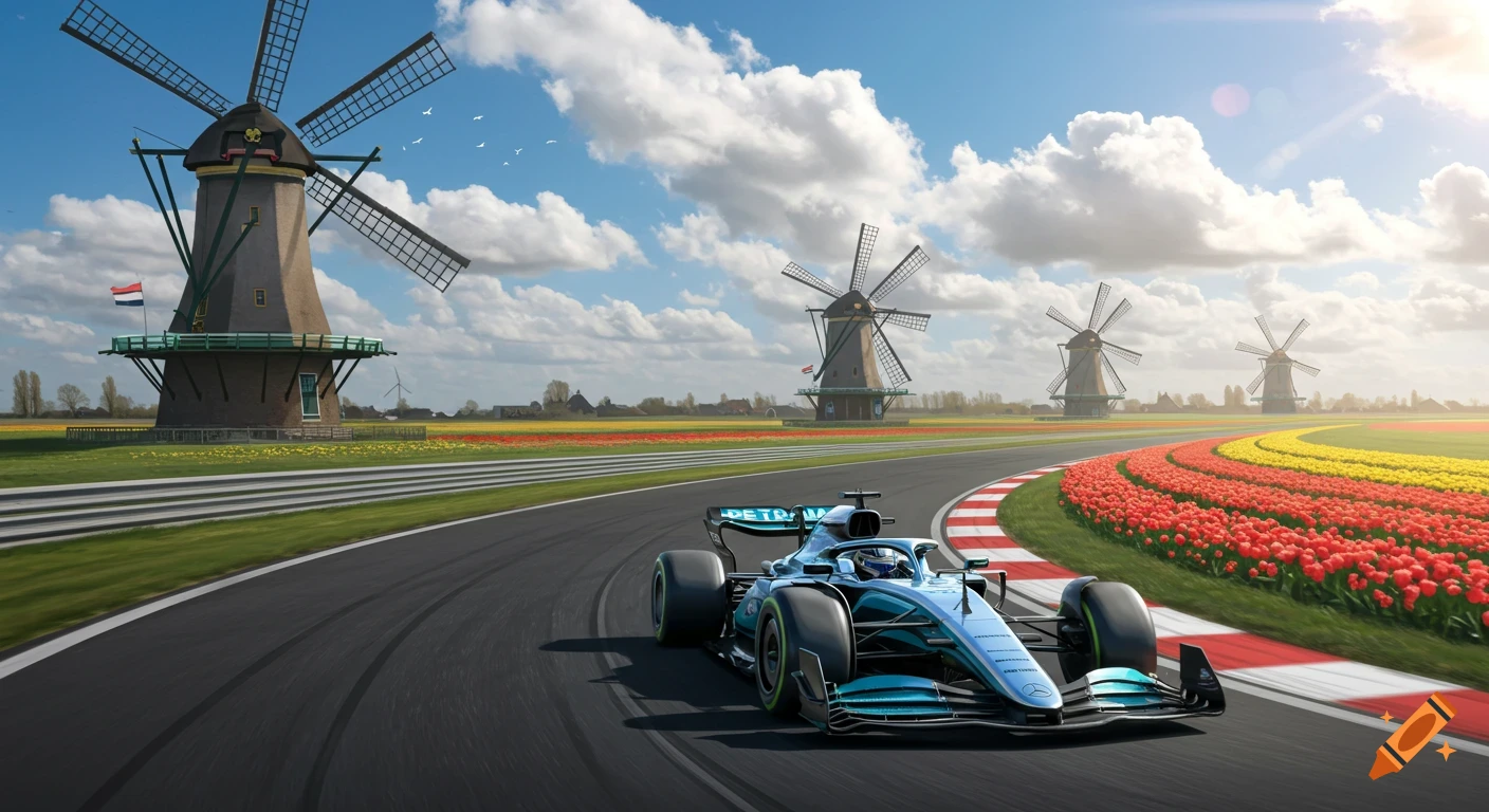 A photorealistic image of a turquoise Formula 1 car racing on a track lined with red and yellow tulips, with traditional Dutch windmills under a partly cloudy sky.