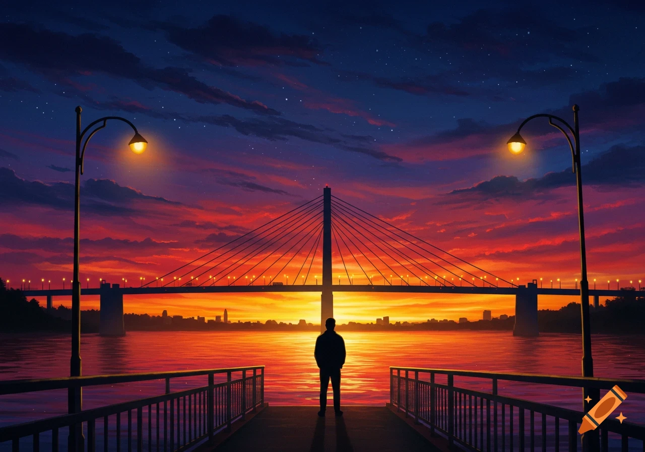 A lone figure stands on a pier, gazing at a cable-stayed bridge over a calm body of water at sunset, with a vibrant red and orange sky and distant city lights. Digital art.