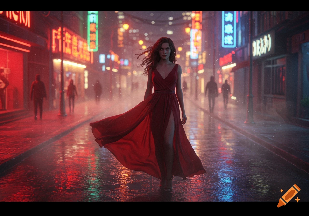 A woman in a flowing red dress walks down a rainy, neon-lit cyberpunk city street.