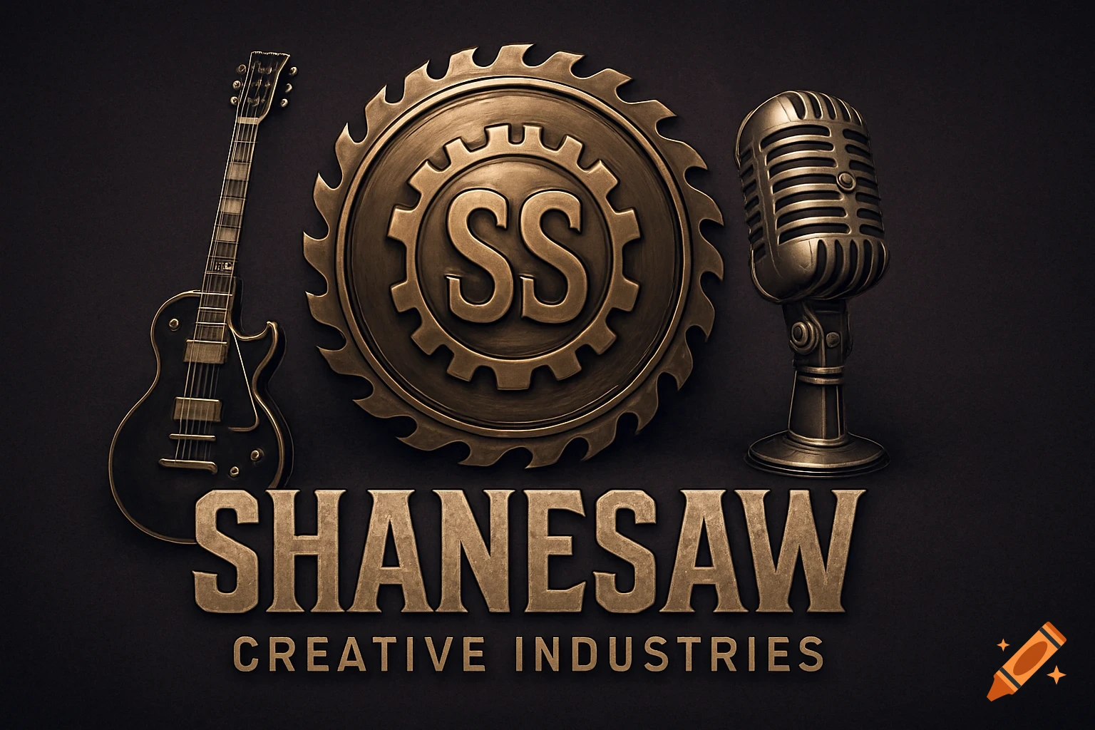 A 3D steampunk logo for ShaneSaw Creative Industries with a metallic saw blade, 'SS' monogram, black electric guitar, and vintage microphone on a dark background.
