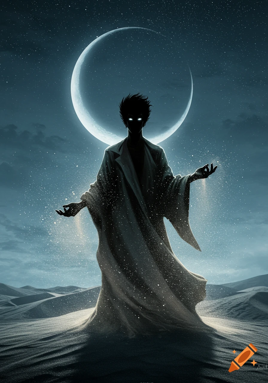 An ethereal figure with glowing eyes stands in a desert under a crescent moon and starry night, with sand flowing from its hands and robe.