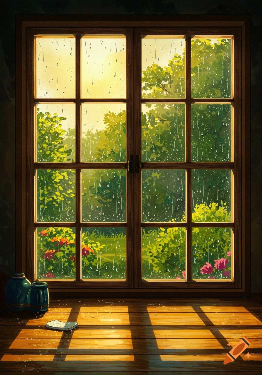 A warm, painterly image of a window with rain streaking down, revealing sunlit green trees and flowers outside. Light casts shadows on the wooden sill.