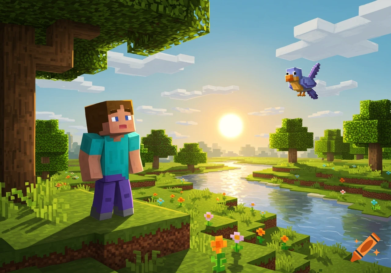 Minecraft character Steve watches a flying bird in a vibrant, blocky landscape with a river and sunset.