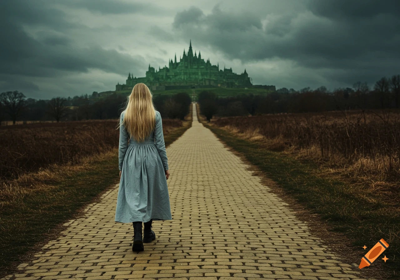 A blonde woman in a long blue dress walks down a cobblestone path towards a green, sinister castle under a stormy sky.