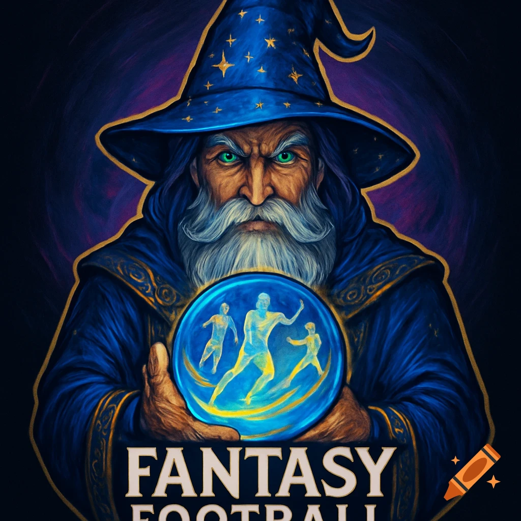 A vibrant illustration of a wizard in a blue robe holding a crystal ball with glowing football players, with 'FANTASY FOOTBALL' text below.