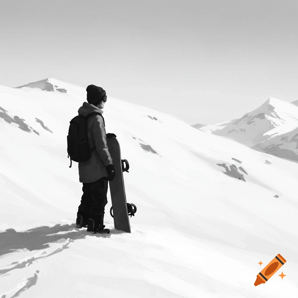 A black and white illustration of a person in winter gear, with a snowboard, standing on a snowy mountain slope, looking into the distance.