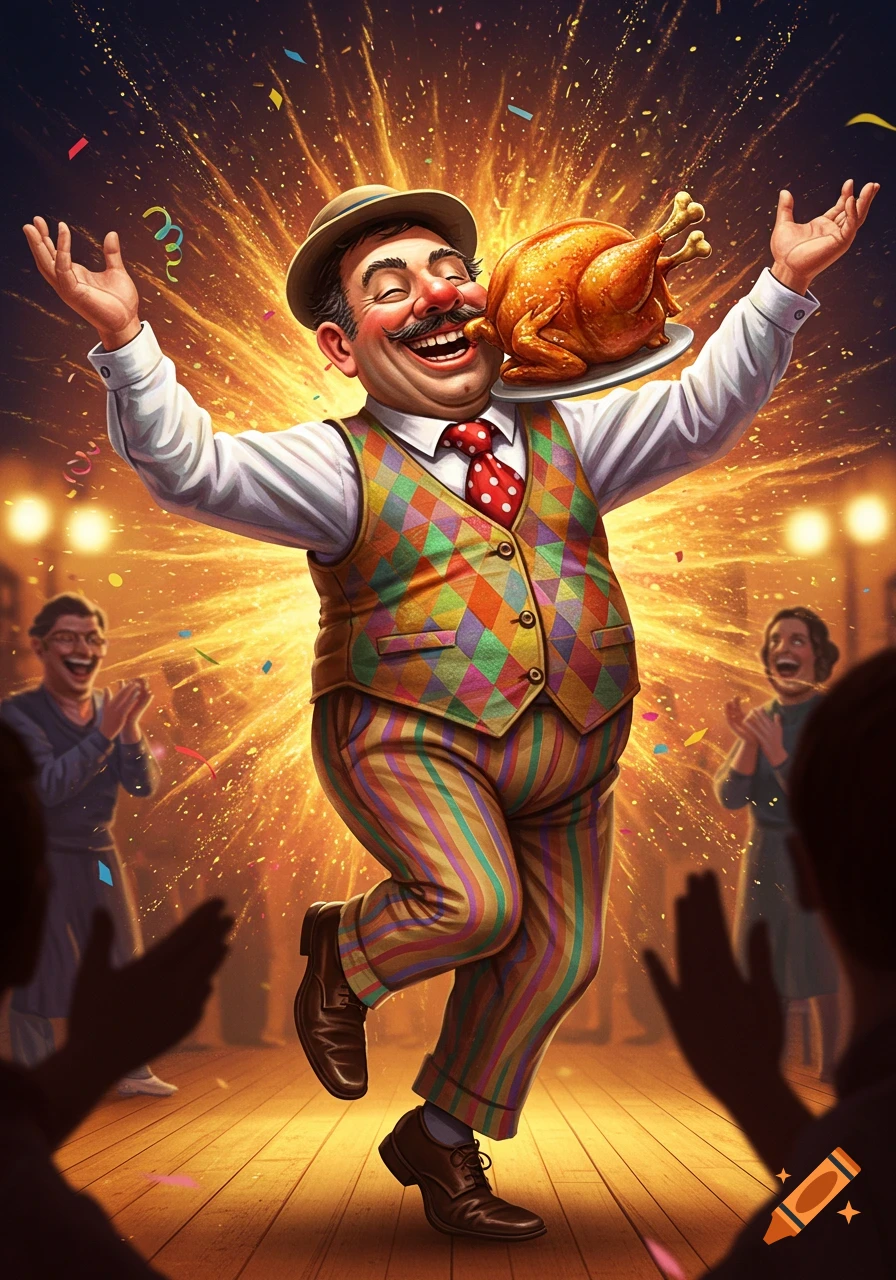 A vibrant cartoon man in a colorful suit dances excitedly on stage, holding a roasted chicken amidst confetti and sparks, with a cheering audience.