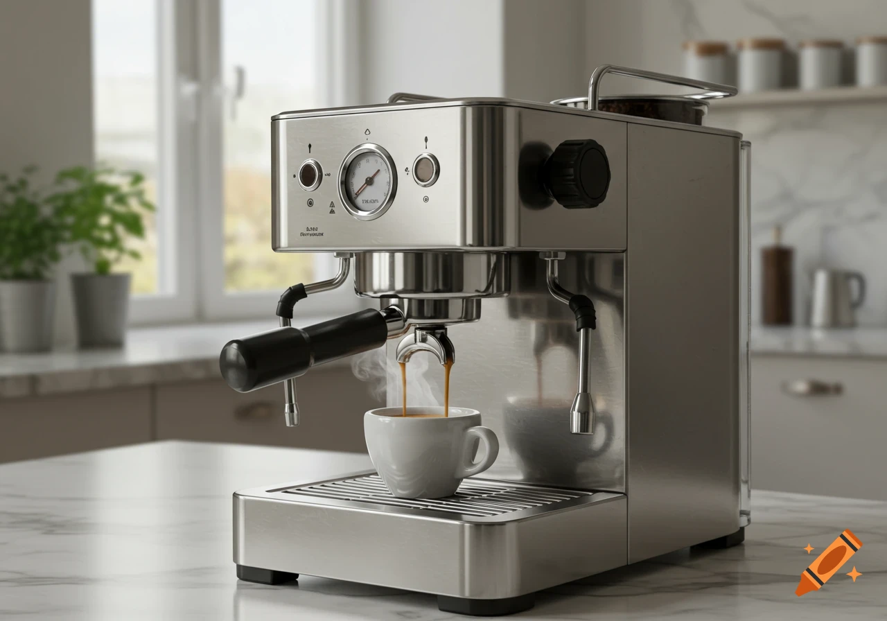 A shiny stainless steel espresso machine pours fresh coffee into a white cup on a marble counter in a bright kitchen.