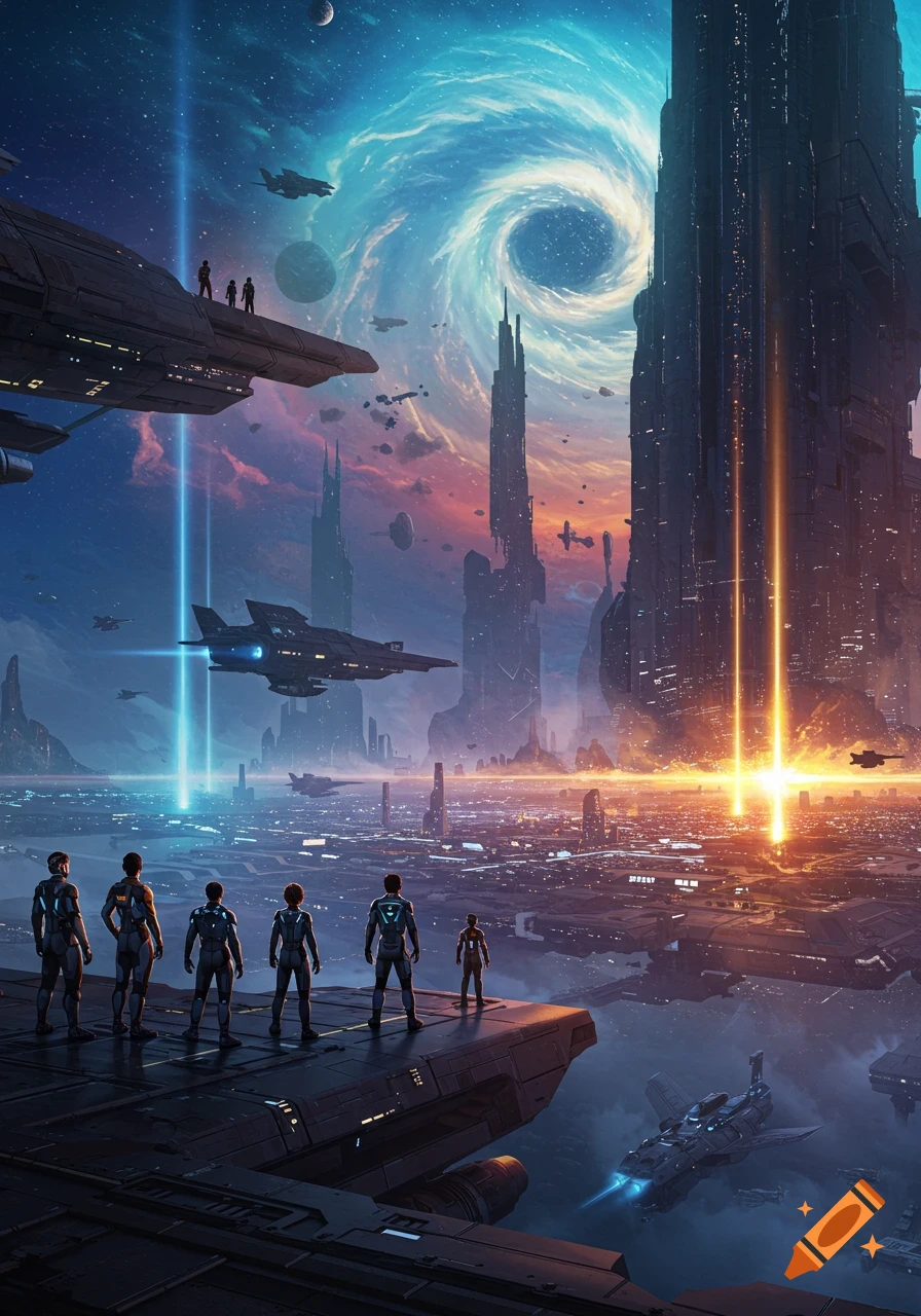 People in futuristic suits look over a vast glowing sci-fi city with spaceships and a cosmic sky.
