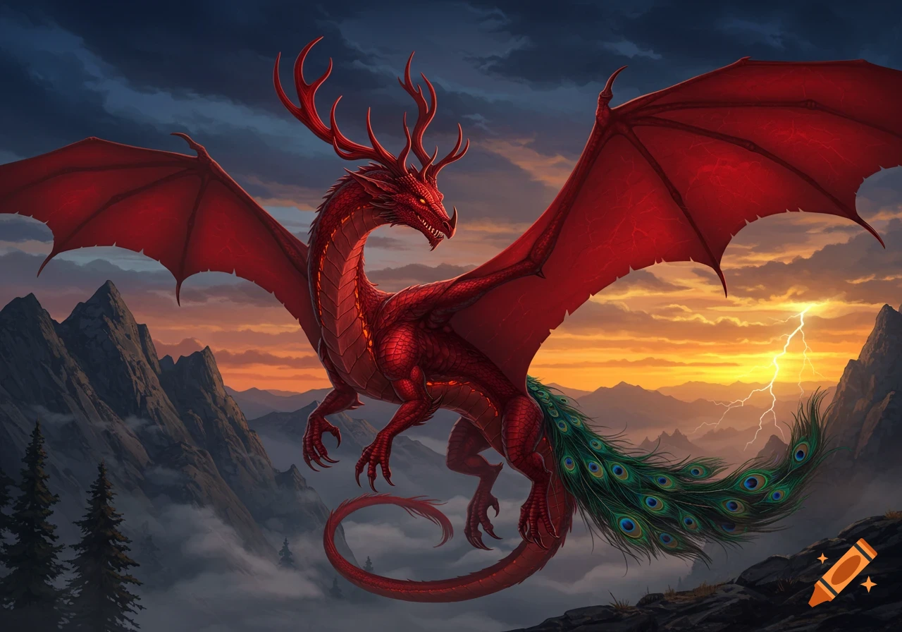 A majestic red dragon with red antlers and a green peacock tail flies over misty mountains at sunset with lightning.