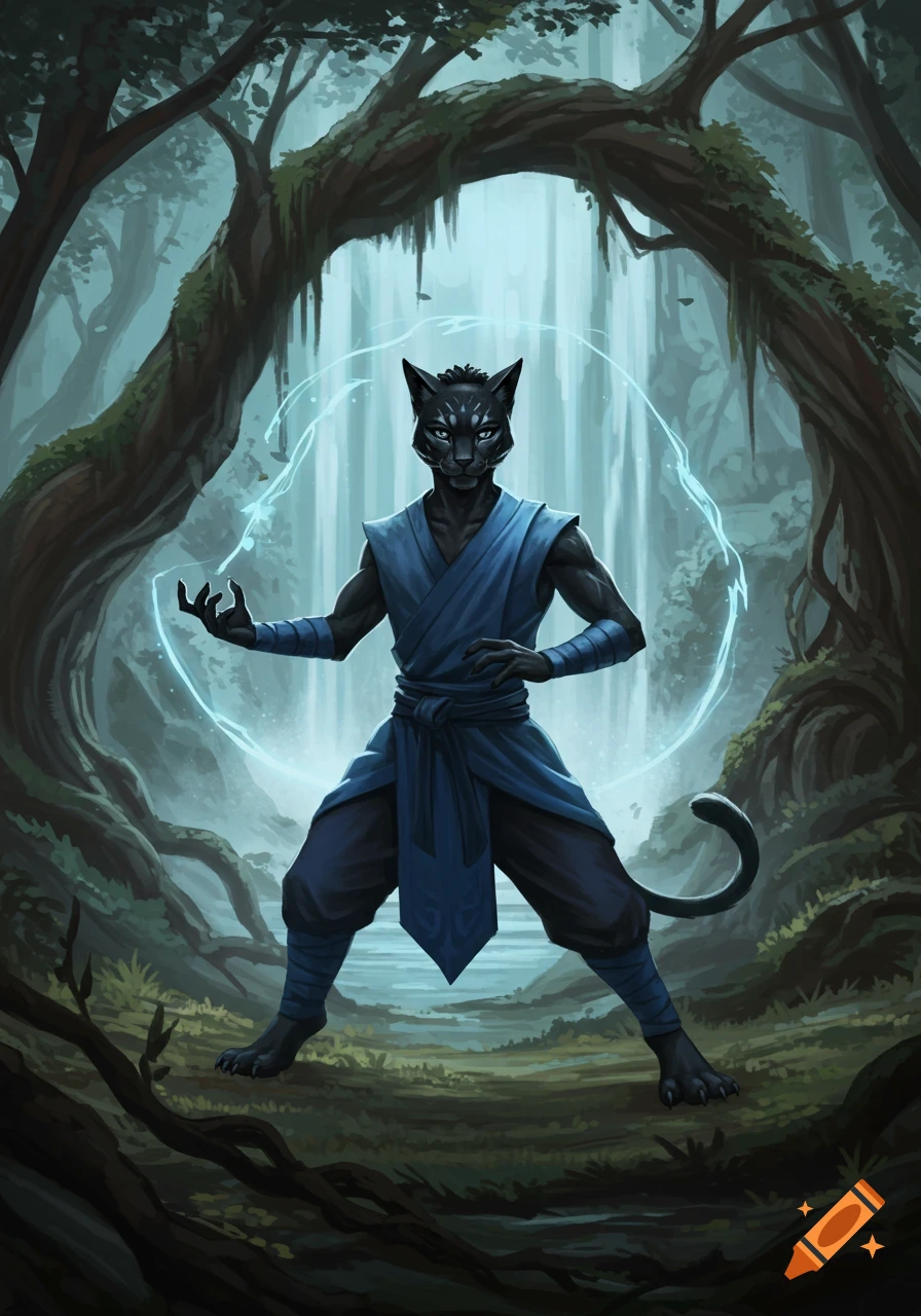 A black-furred Tabaxi monk in blue robes stands in an enchanted forest, conjuring a blue energy circle.
