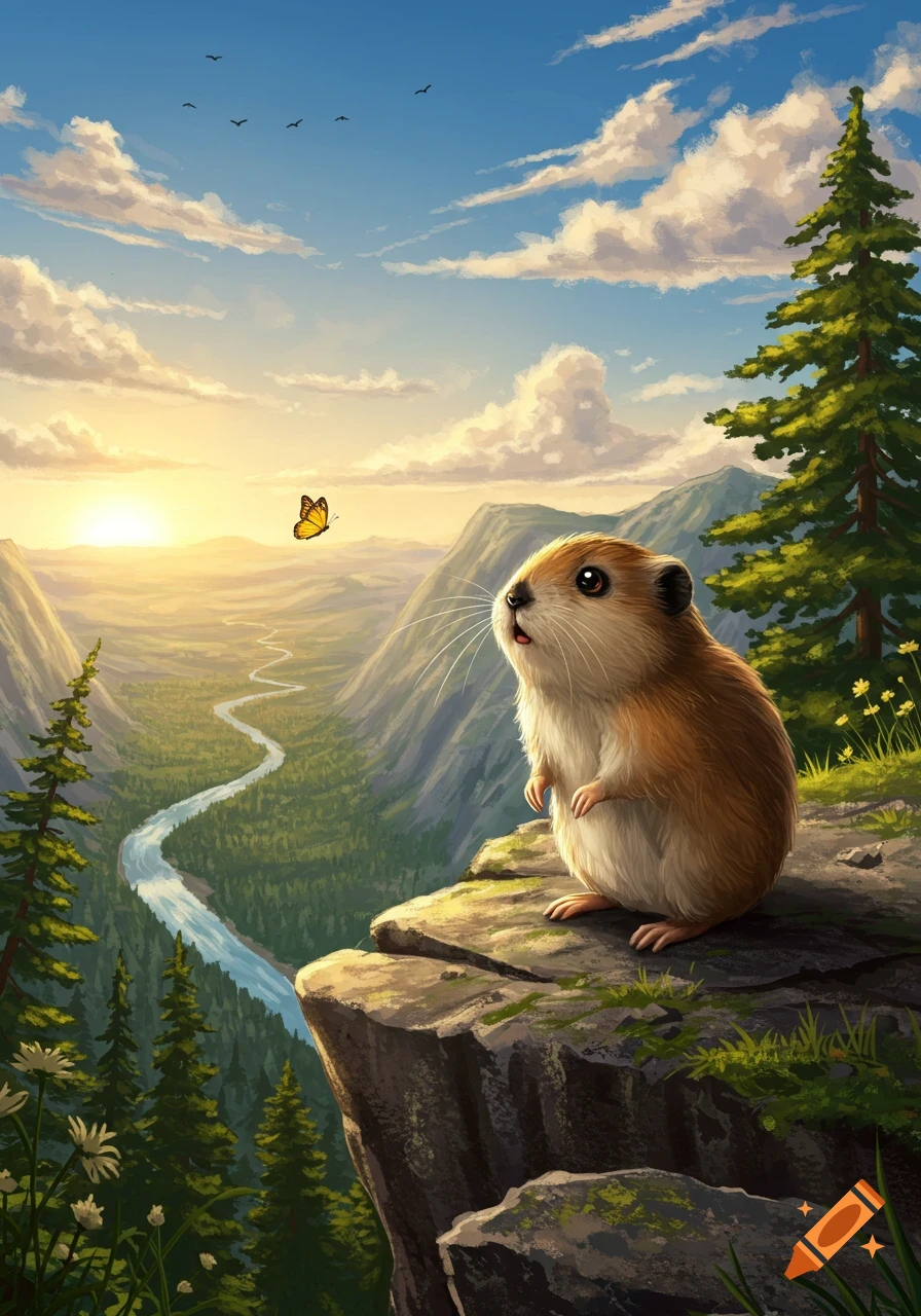 A cute, fluffy lemming on a cliff watches a butterfly over a mountain valley with a winding river at sunset, digital art.