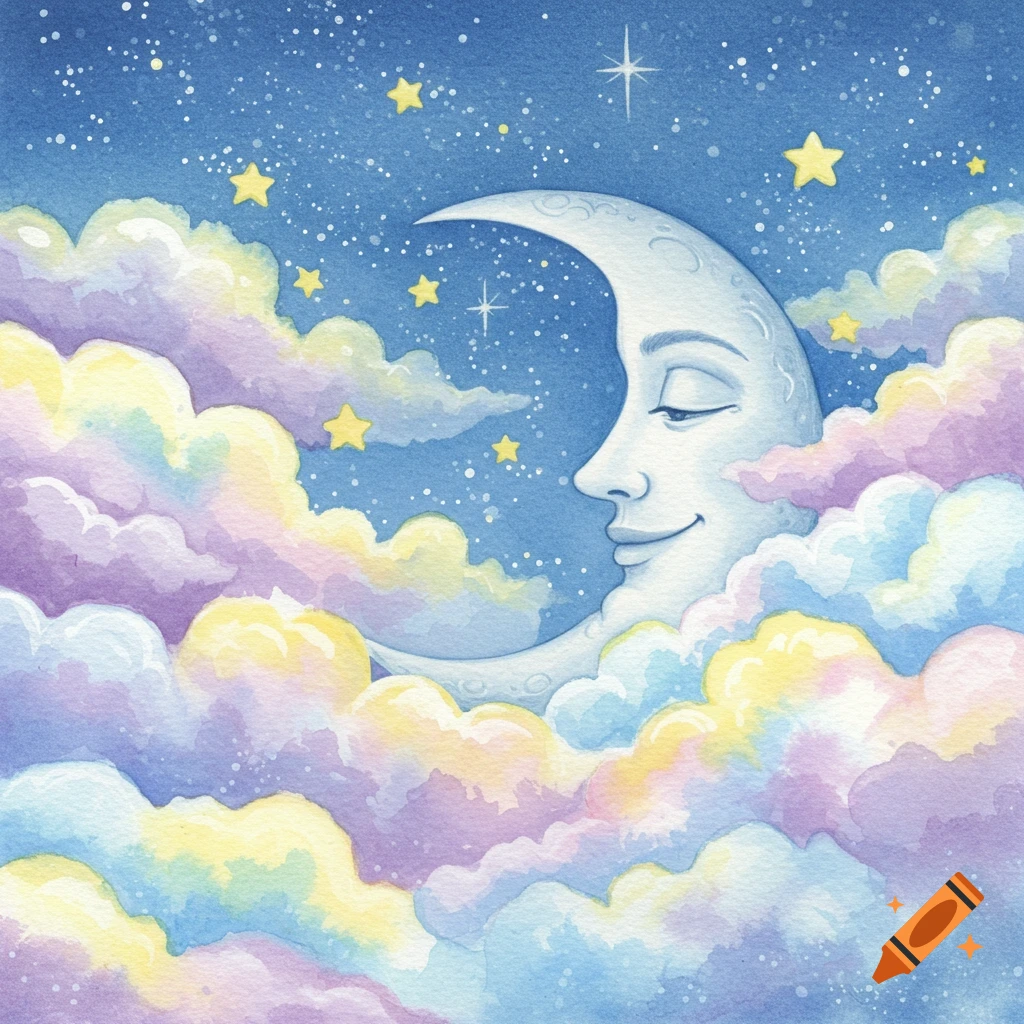 Watercolor illustration of a serene man in the moon smiling amidst pastel clouds and stars in a blue night sky.