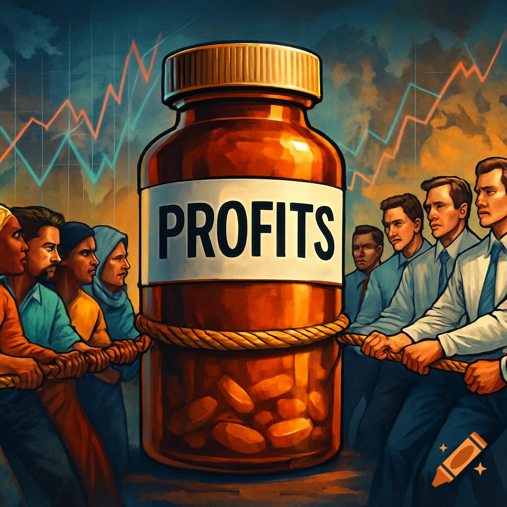 Illustration of diverse people and businessmen in a tug-of-war over a giant pill bottle labeled 'PROFITS' with a stock chart in the background.