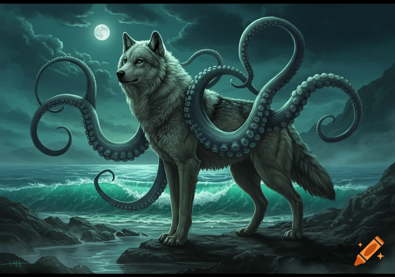 Fantasy illustration of a wolf with octopus tentacles standing on rocks by a stormy, moonlit ocean.