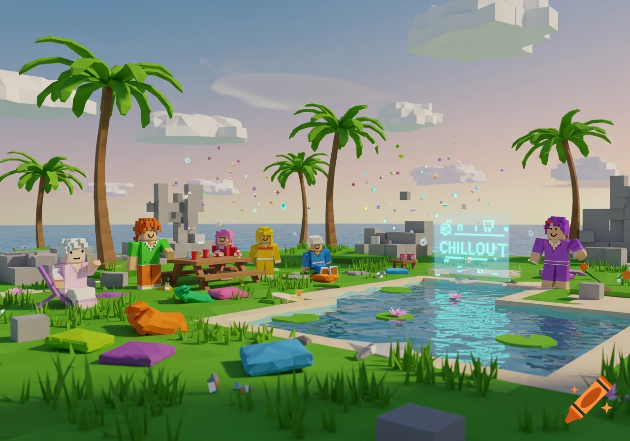 Voxel art characters chill by a pool on a tropical island with palm trees and a 'CHILLOUT' holographic sign.