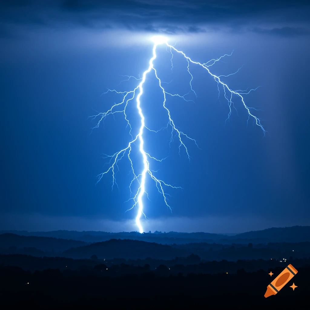 A dramatic photorealistic image of a brilliant blue lightning bolt striking down from dark clouds over silhouetted mountains at night.
