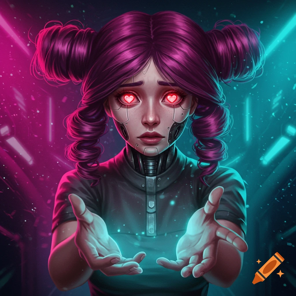 Stylized cyberpunk portrait of a girl with magenta hair, a cyborg face, glowing heart pupils, and outstretched hands, bathed in neon lights.