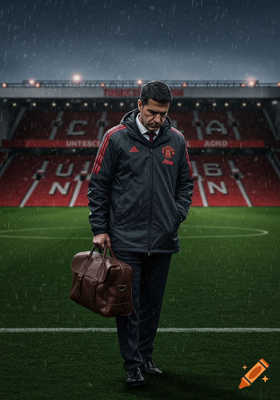 A sad football coach walks on a rainy pitch with a bag, an empty stadium in the background.