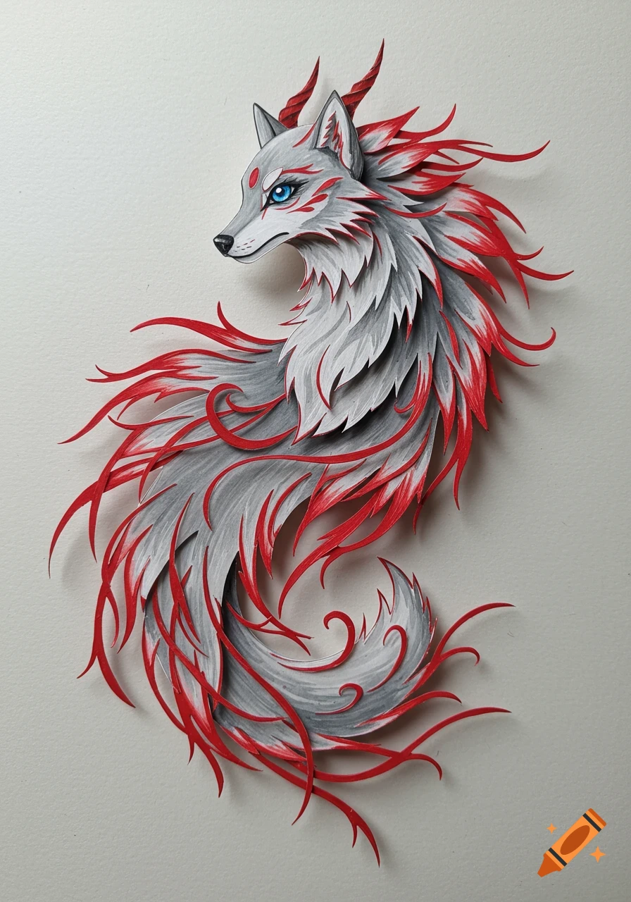 Stylized paper art of a grey wolf with red tipped fur and blue eyes, designed like a mythical dragon puppet.