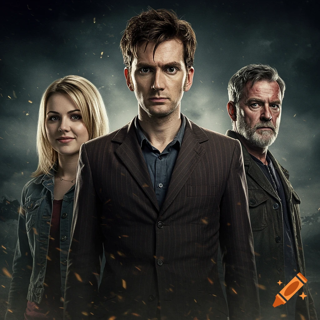Three figures, including David Tennant as Doctor Who, a blonde woman, and a bearded man, stand in a dark, atmospheric setting with embers.
