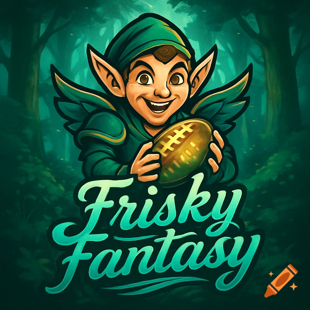 Cartoon illustration of a smiling elf-like character holding a football in a green forest, with 'Frisky Fantasy' text.