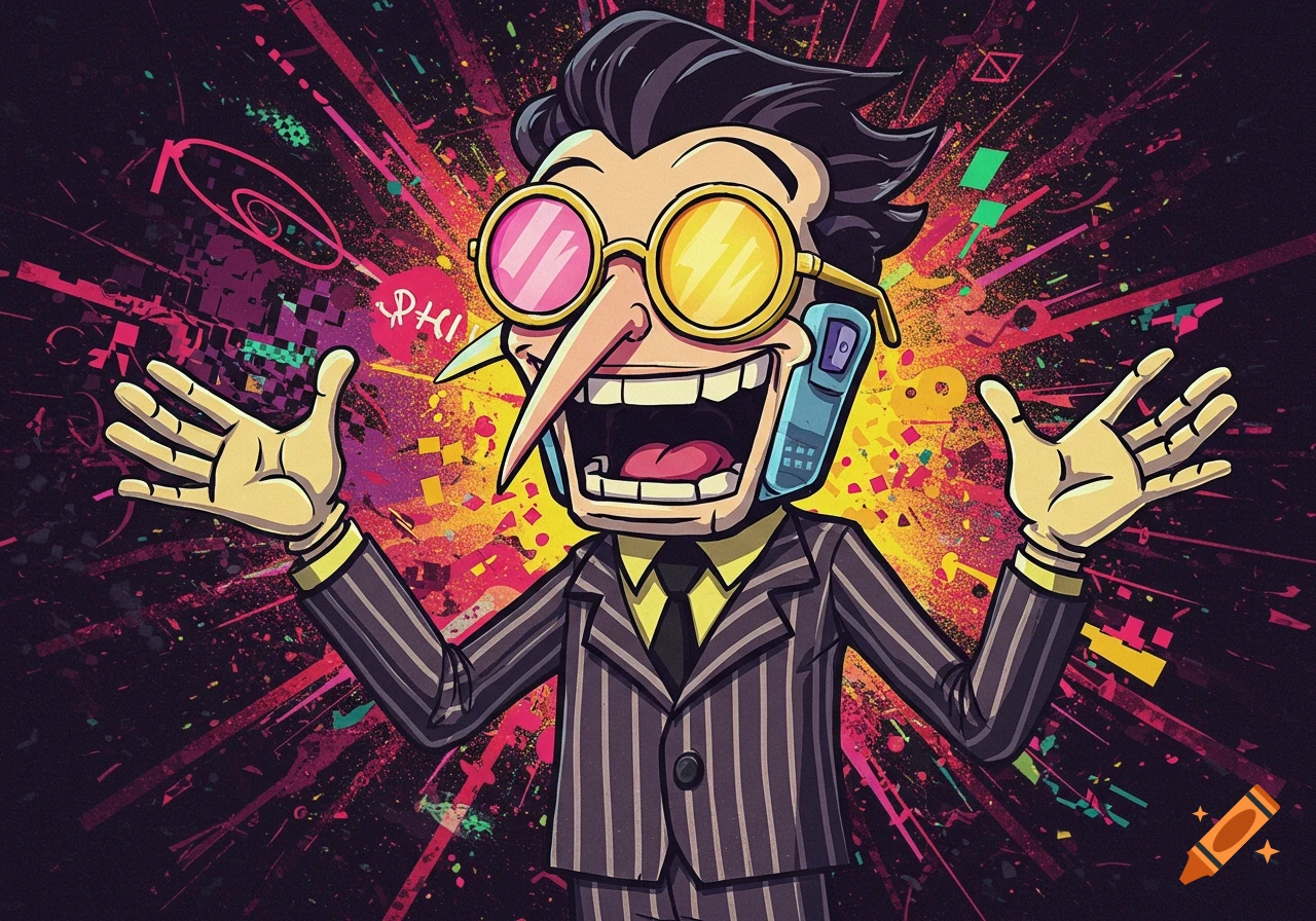 A cartoon character, Spamton G. Spamton, with a wide grin and colorful glasses, in a pinstriped suit with arms outstretched against a vibrant glitch art background.