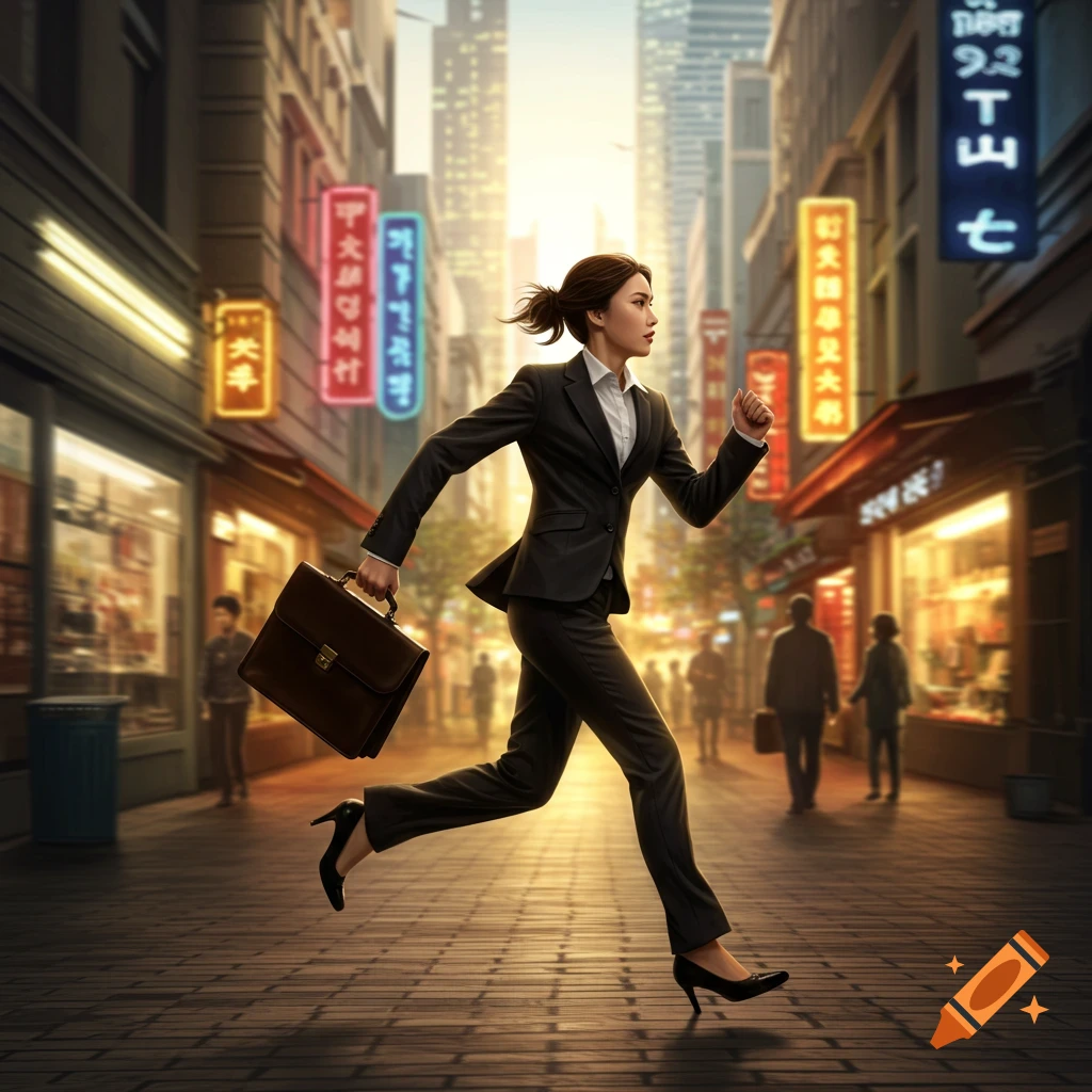 A determined businesswoman in a suit runs with a briefcase through a bustling city street with neon signs at sunset.