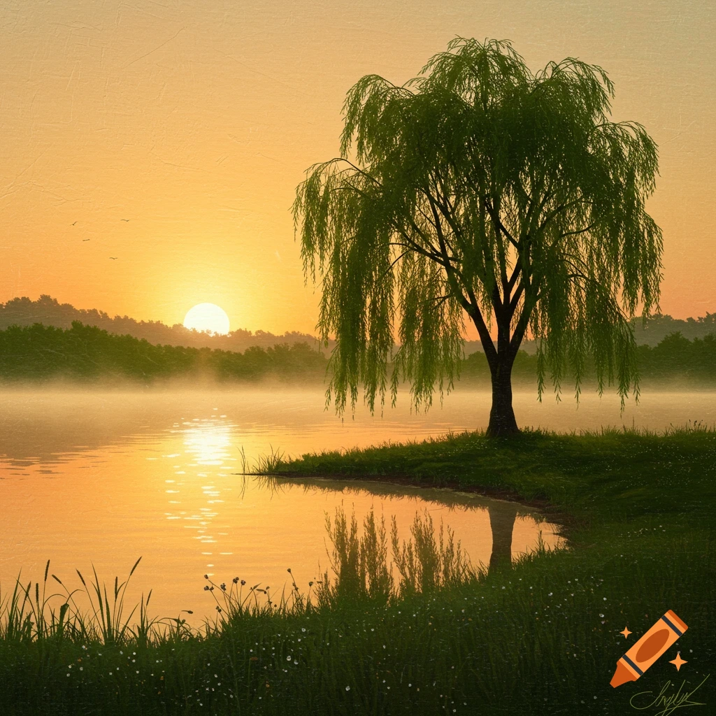 Realistic image of a weeping willow tree by a misty lake at sunset.