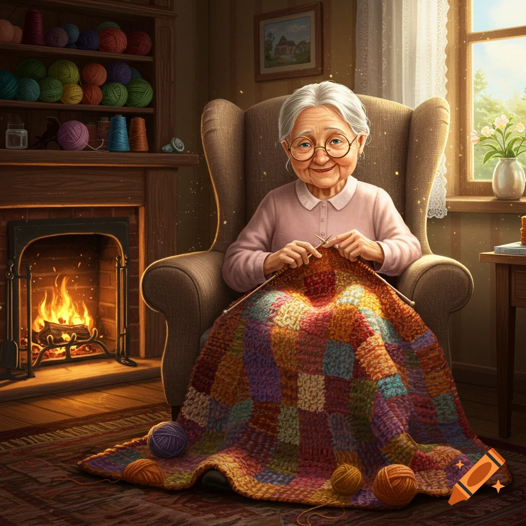 An old lady knitting a colorful blanket by a fireplace in a cozy, sunlit room, with yarn balls on the floor. Stylized.