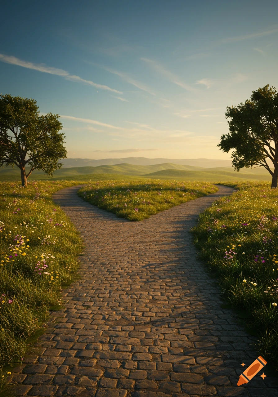 A photorealistic cobblestone path forks into two, winding through a vibrant green field with wildflowers and trees under a clear blue sky.
