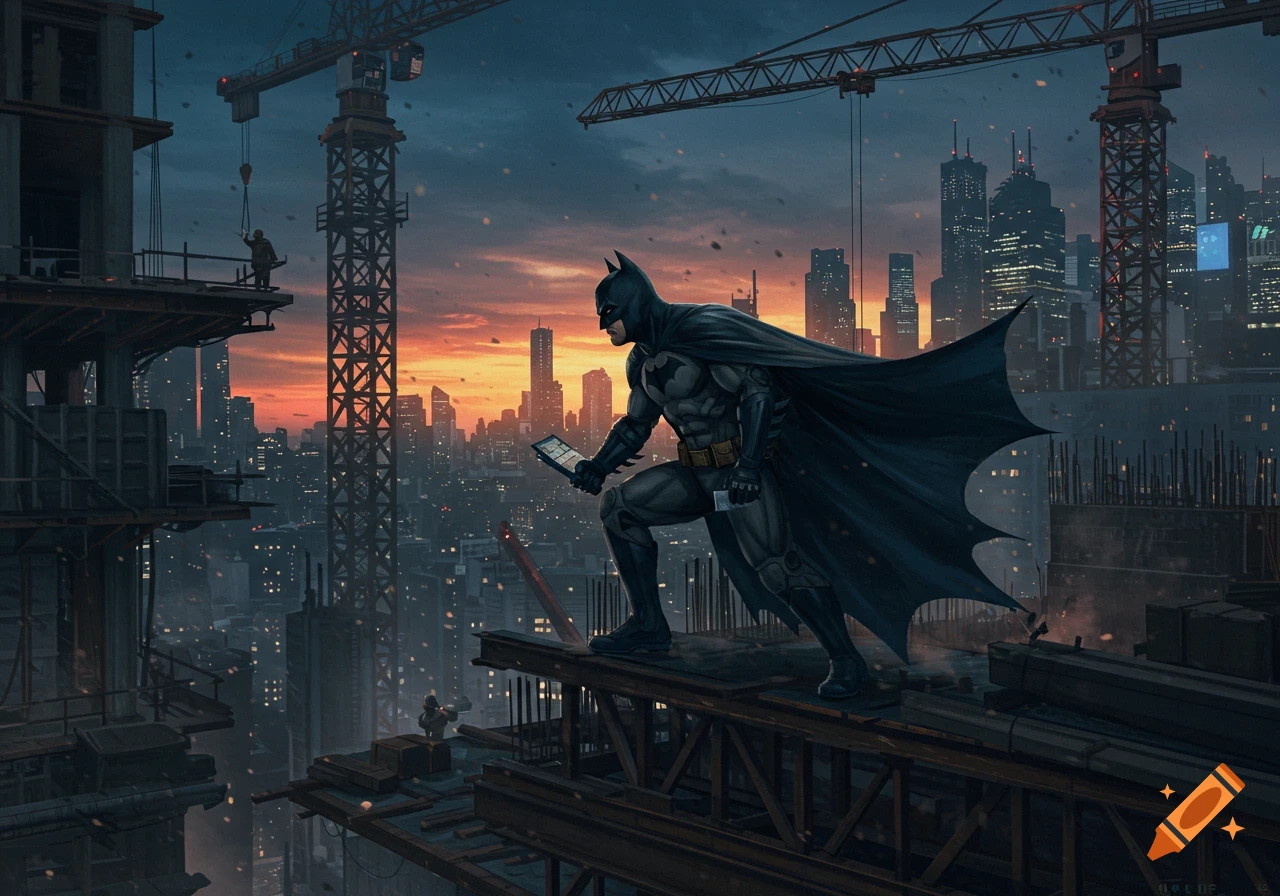 Batman stands on a construction beam overlooking a city at sunset, holding a tablet. Cranes and buildings fill the background.
