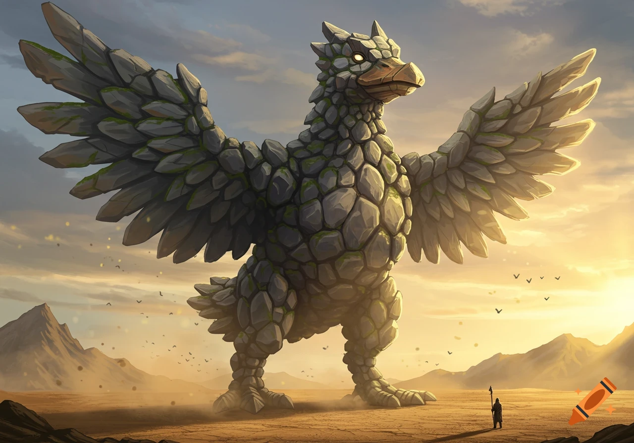 A colossal duck-like rock creature stands in a vast desert landscape at sunset, facing a tiny human figure, in a fantasy art style.