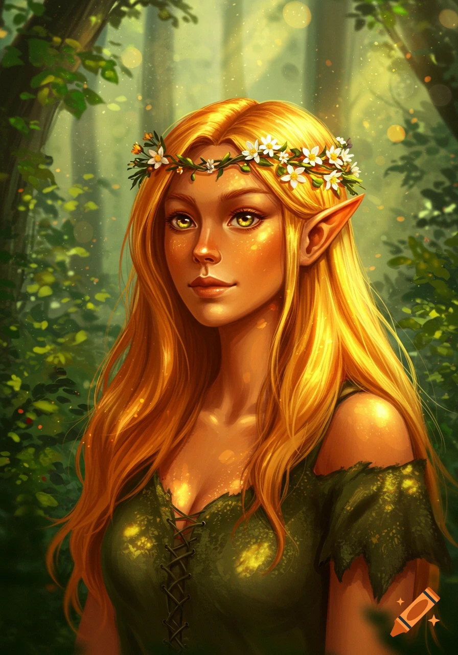 A beautiful female wood elf with long golden hair and a flower crown, with pointed ears and hazel eyes, in a forest.