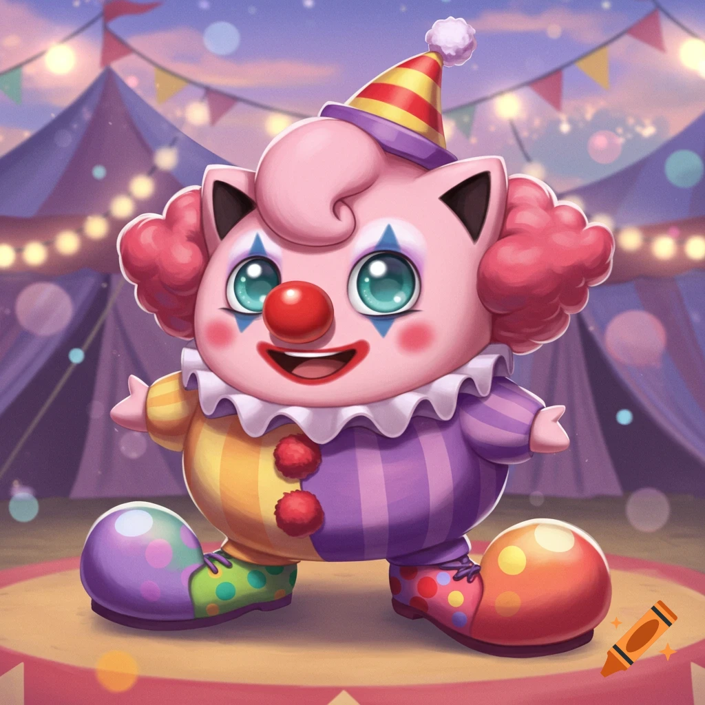 A cute pink Jigglypuff-like character dressed as a clown, wearing a party hat, red nose, and oversized colorful shoes, in a circus tent.