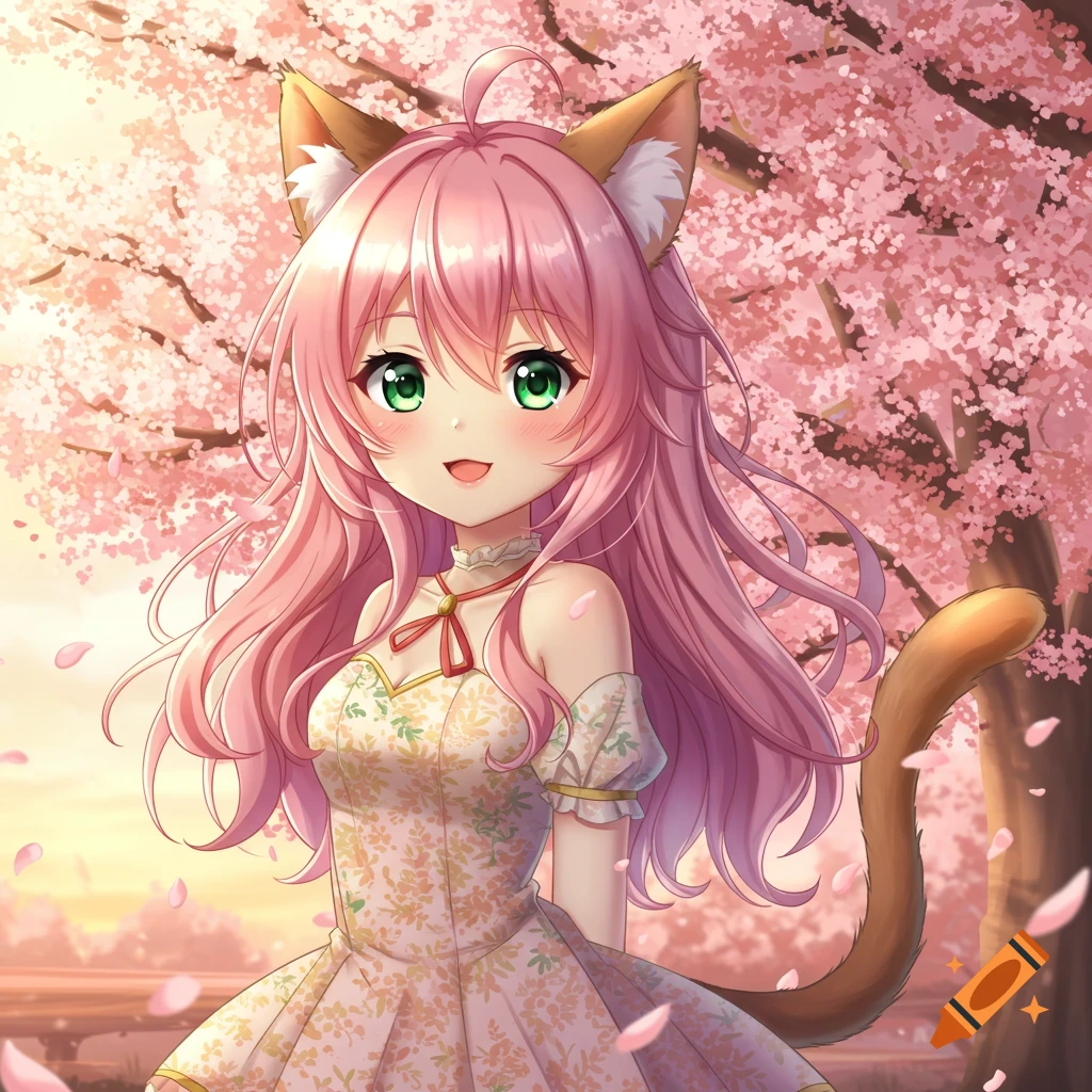 An anime catgirl with long pink hair, green eyes, and a floral dress stands under cherry blossoms.