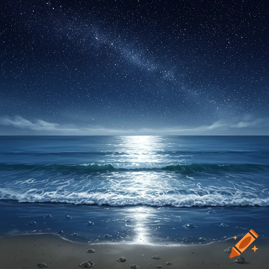 A serene night beach scene with a starry sky, moonlight reflecting on the ocean waves, and wet sand.