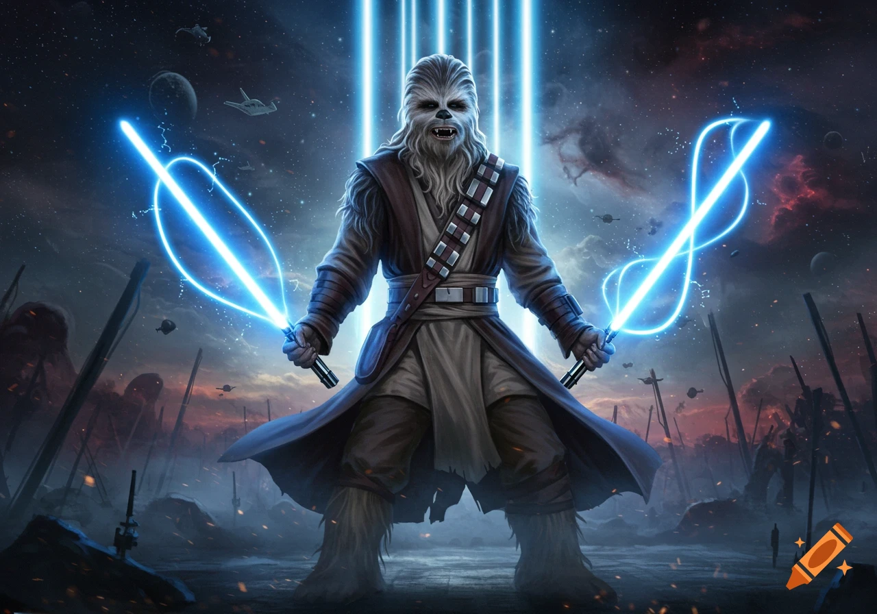A white-furred Chewbacca-like character in Jedi robes, holding two blue lightsabers on a desolate alien battlefield under a starry sky.