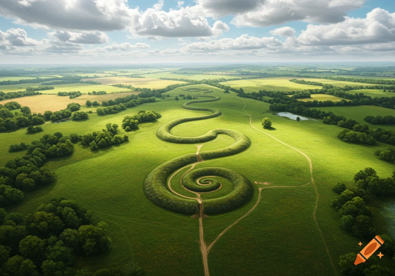 Aerial photorealistic view of a massive green serpent-shaped earthwork winding across rolling grassy hills under a cloudy sky.