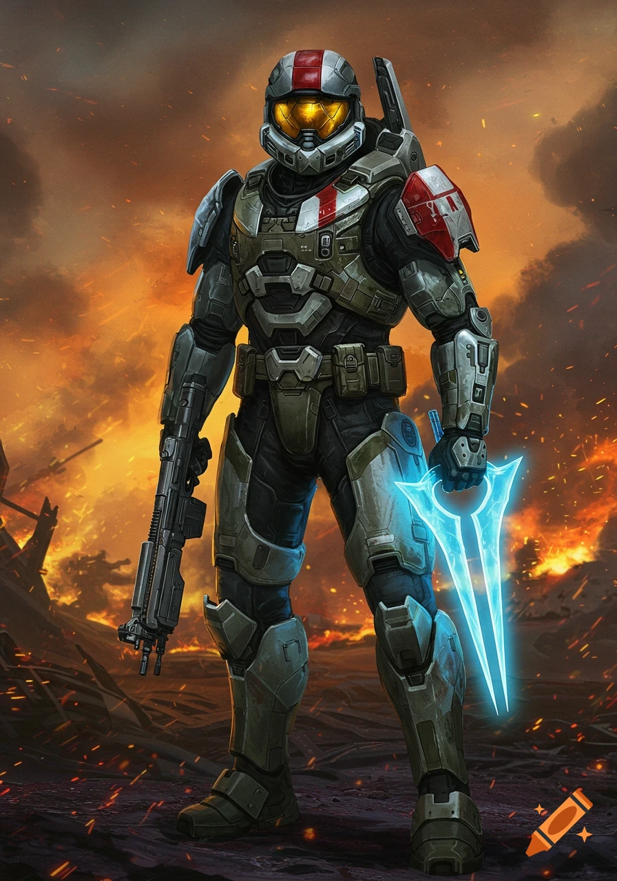 An armored ODST soldier stands on a war-torn landscape, holding an assault rifle in one hand and a glowing blue energy sword in the other.
