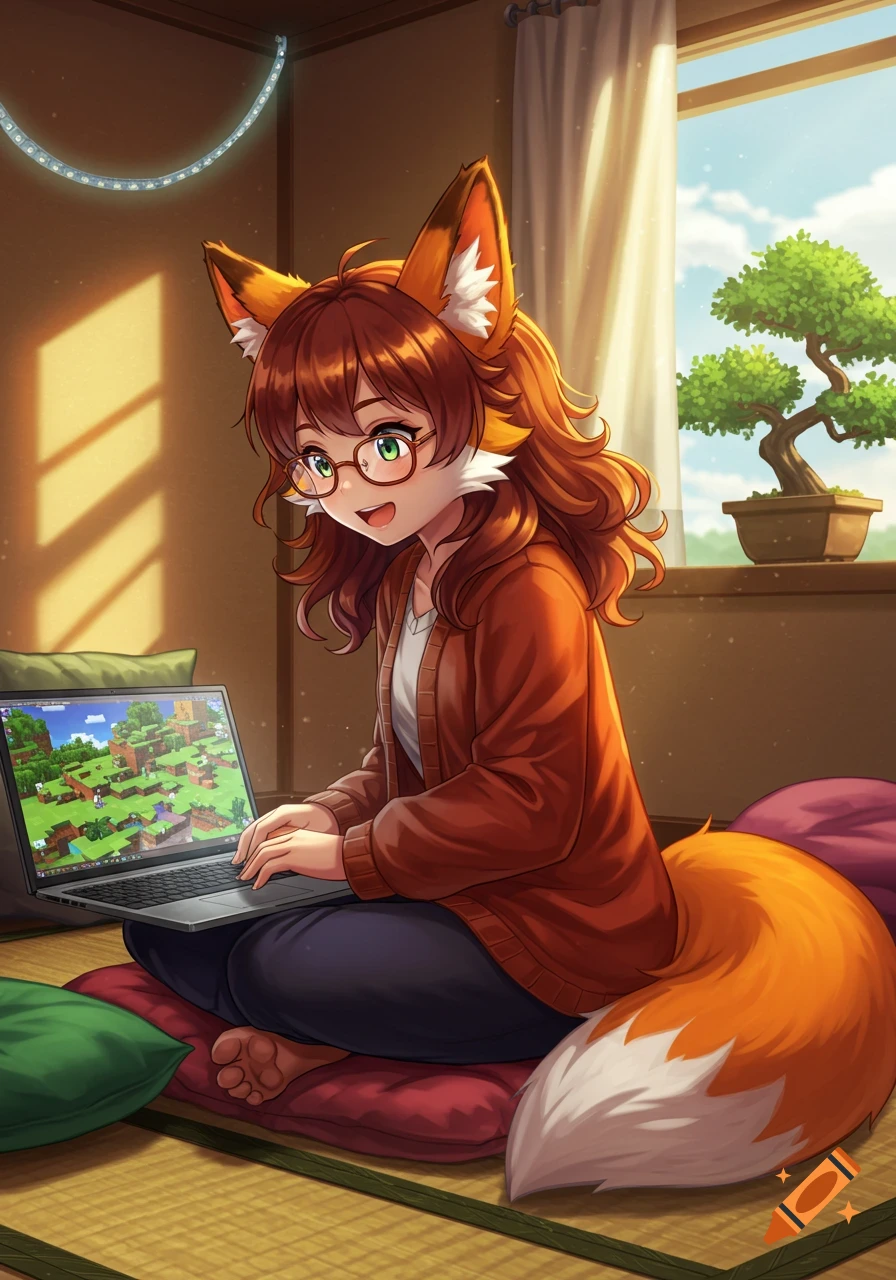 An anime fox girl with red hair, glasses, and fox ears and tail sits on floor cushions, playing Minecraft on a laptop. She smiles in a room with a bonsai tree.