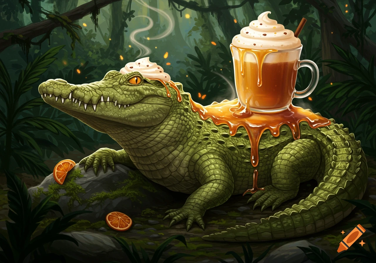 A cartoon green alligator with whipped cream on its head and a caramel-drizzled coffee cup on its back, in a lush jungle with orange slices.